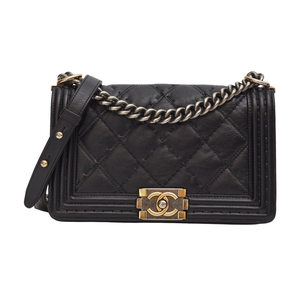 CHANEL CALFSKIN QUILTED DOUBLE STITCH MEDIUM BOY FLAP BAG BLACK (2014)